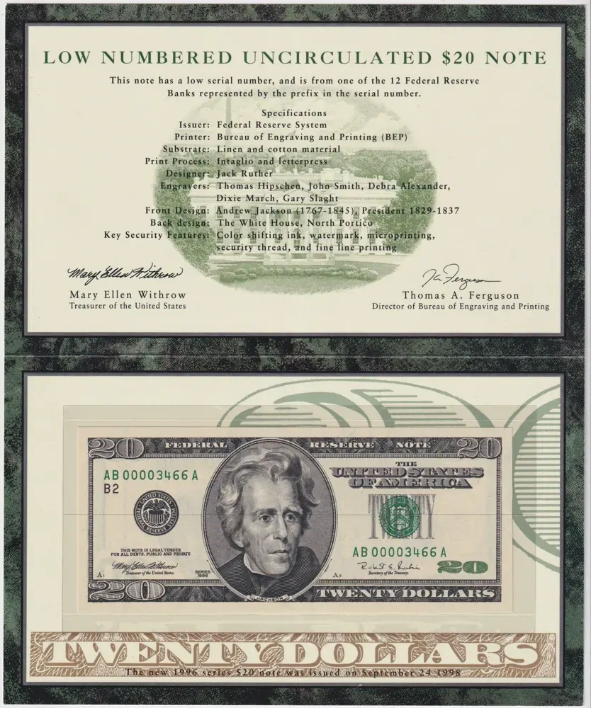 United States 1998 Low Numbered $20 Note Uncirculated product image