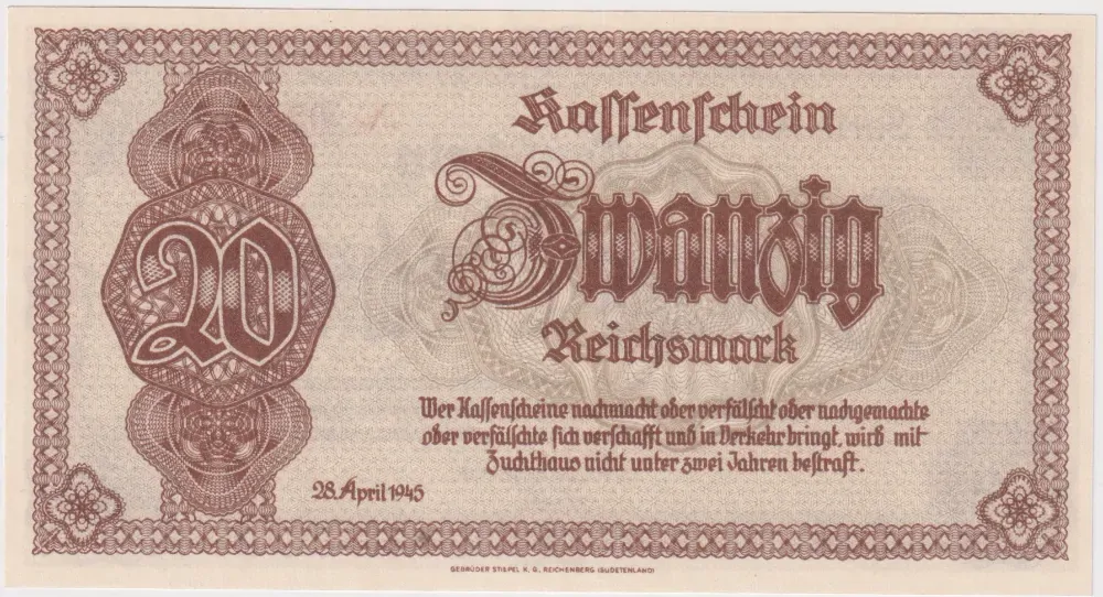 Germany 1945 20 Reichsmark Emergency Issue P#187 Uncirculated