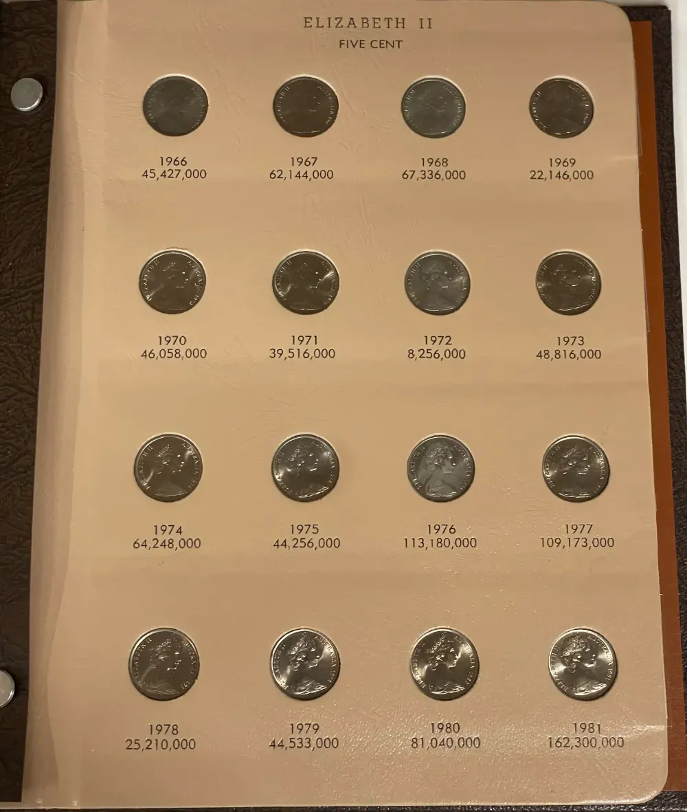 Complete Date Set of Australian 5 cent 1966 to 2009 Uncirculated in Dansco Supreme Album product image
