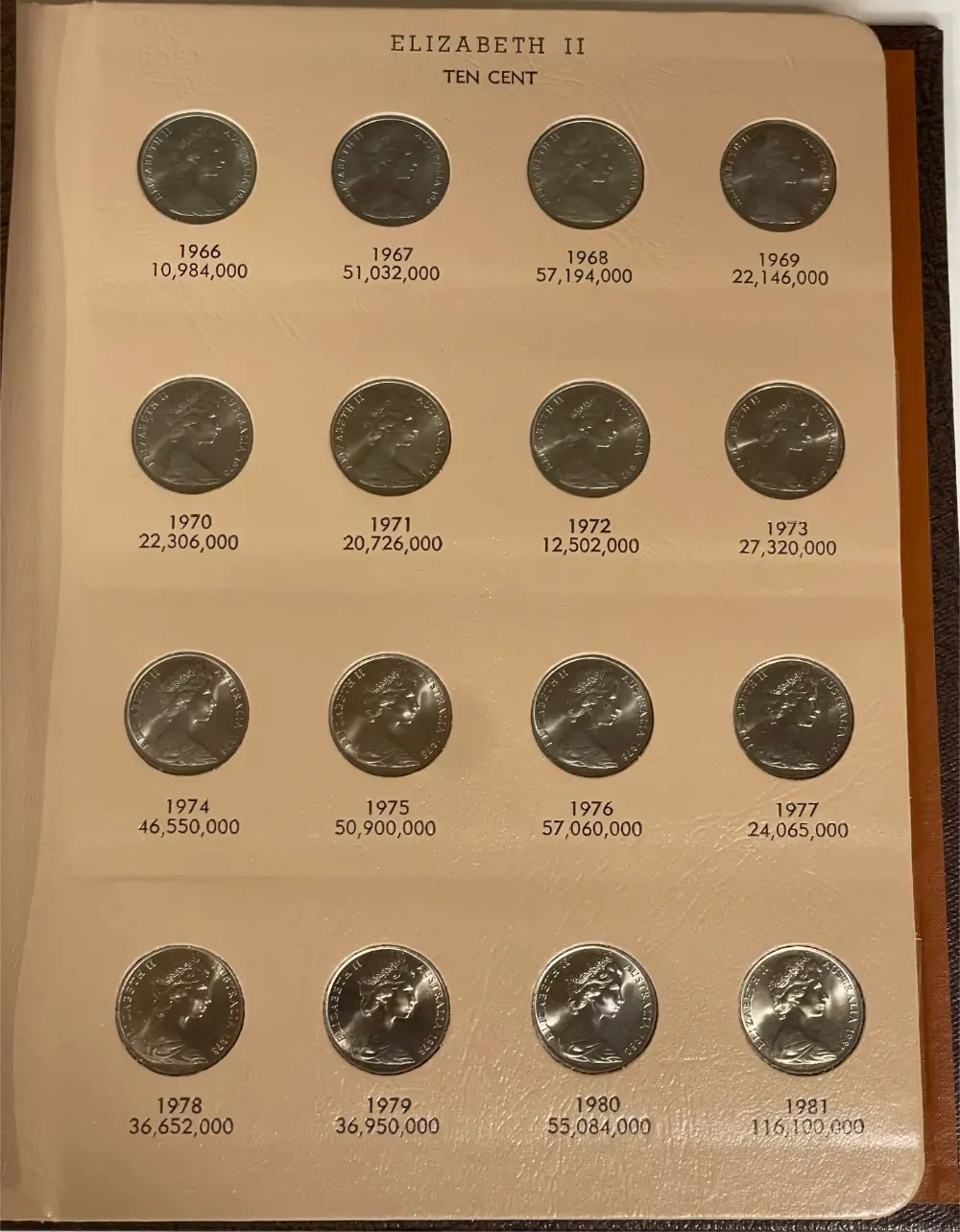 Complete Date Set of Australian 10 Cent 1966 to 2008 Uncirculated in Dansco Supreme Album product image