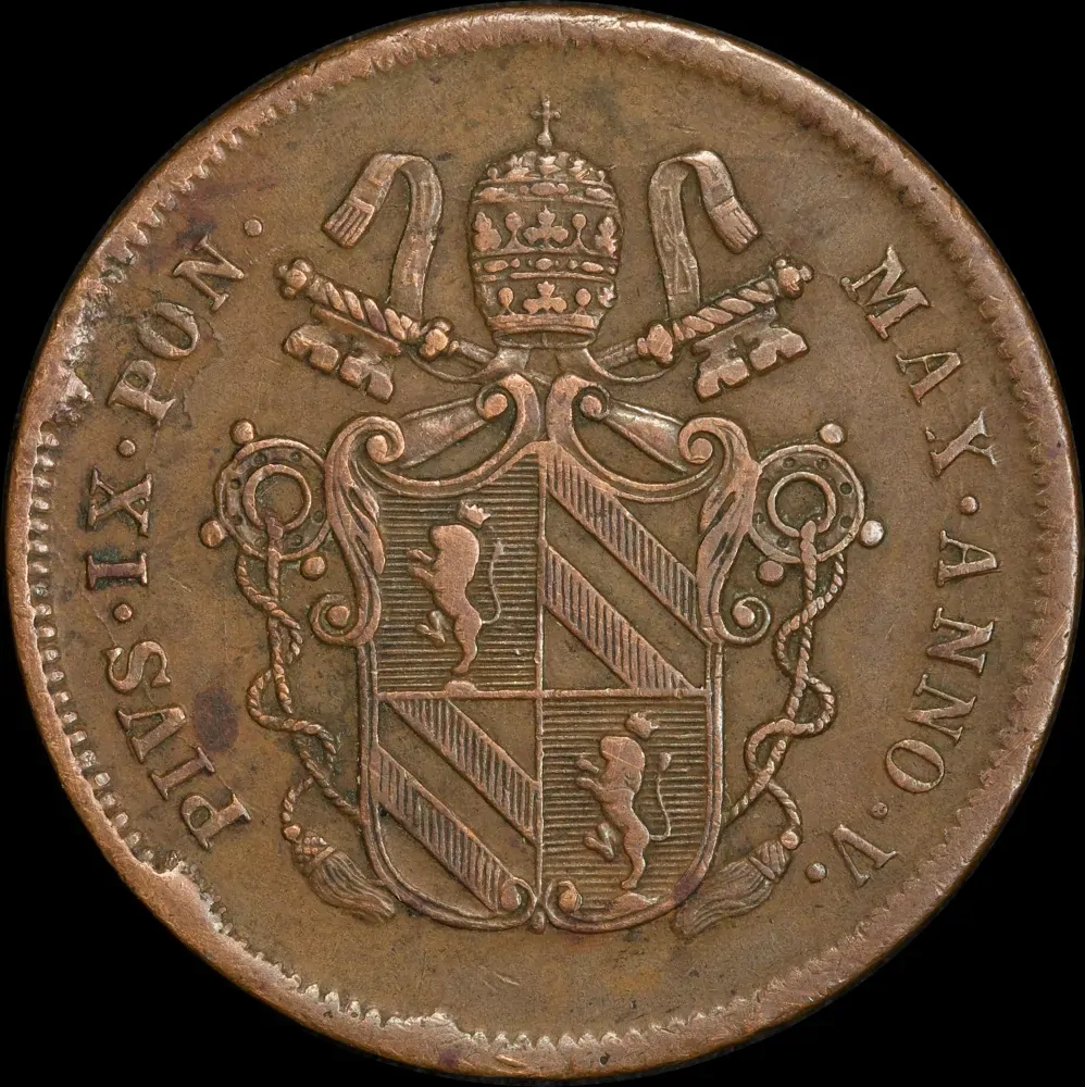 Italian States (Papal States) 1853-B Copper 2 Baiocchi KM#1344 Very Fine