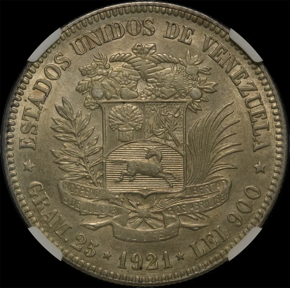 Venezuela 1921 Silver 5 Bolivares KM# 24.2 NGC MS62 product image