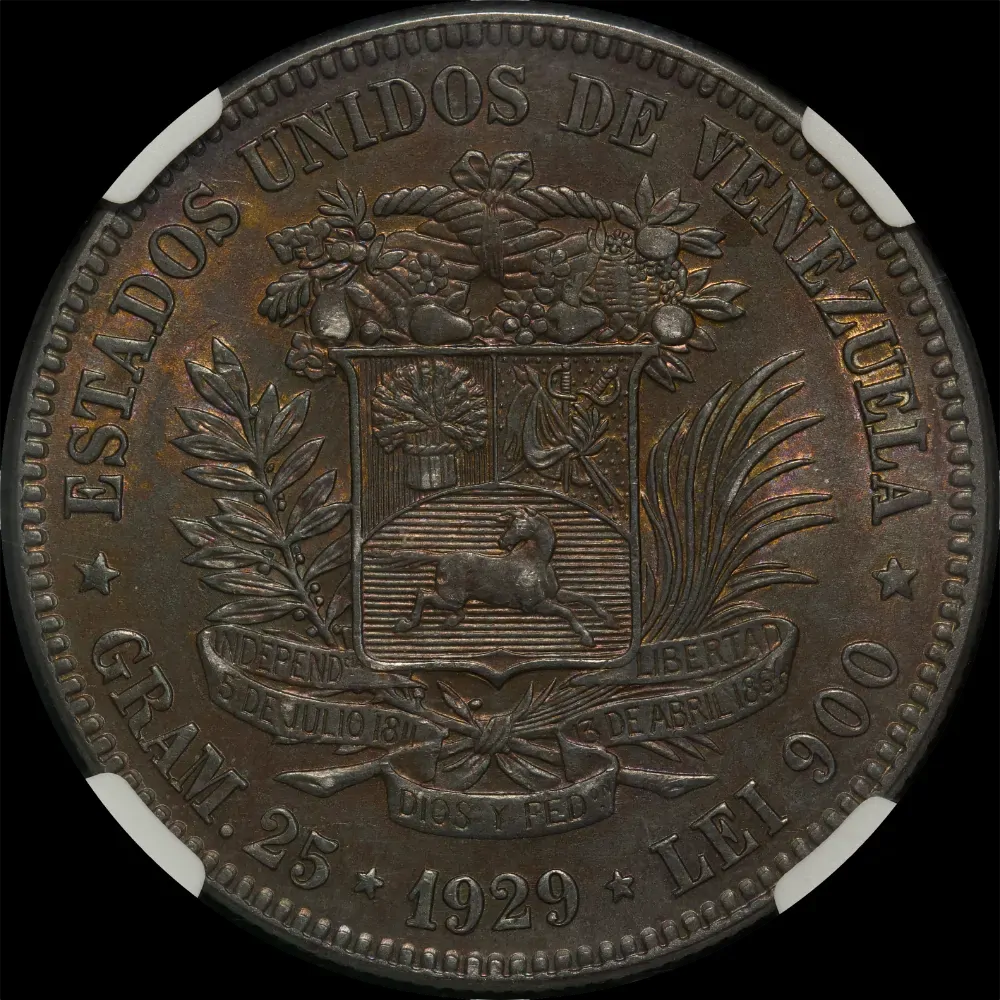 Venezuela 1929 Silver 5 Bolivares KM# 24.2 NGC AU Details product image
