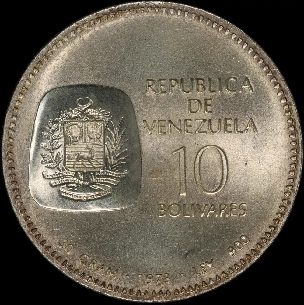 Venezuela 1973 Silver 10 Bolivares Y#45 Uncirculated product image