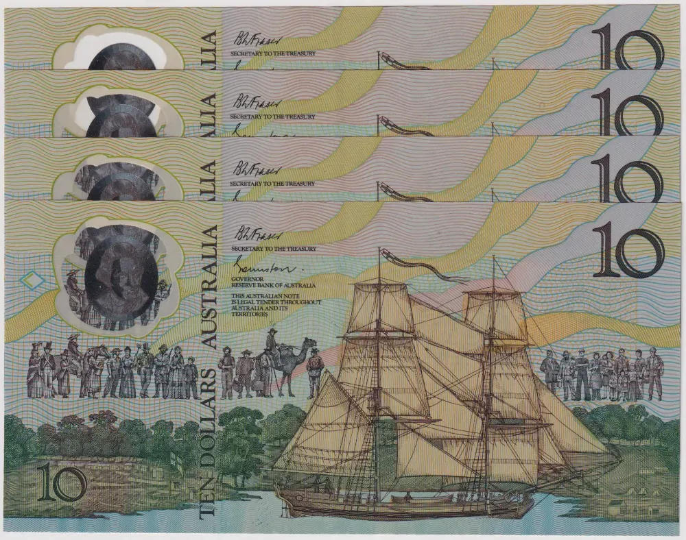 1988 $10 Note Consecutive Run of 4 Bicentennial 2nd Series AB57 Last Prefix R310bL about Unc