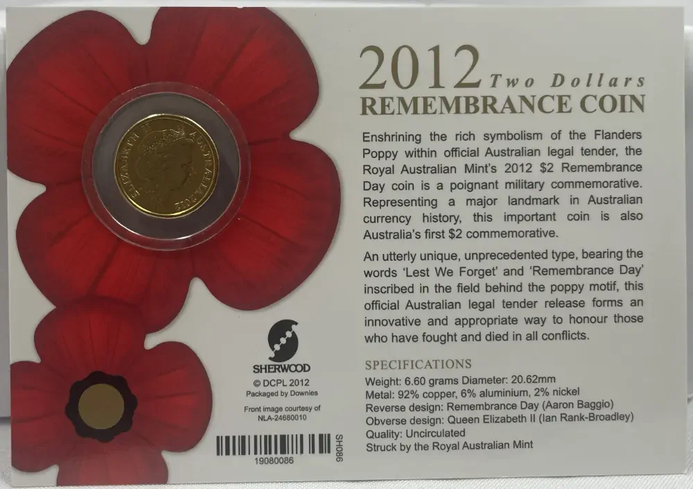 2012 2 Dollar Coin Remembrance Day Poppy Uncirculated product image