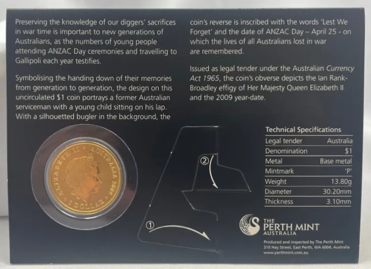 2009 1 Dollar Uncirculated Coin ANZAC Day