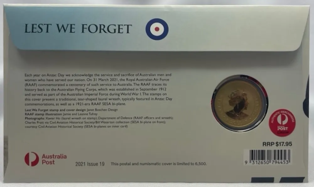 2021 1 Dollar PNC Royal Australian Air force Lest We Forget product image