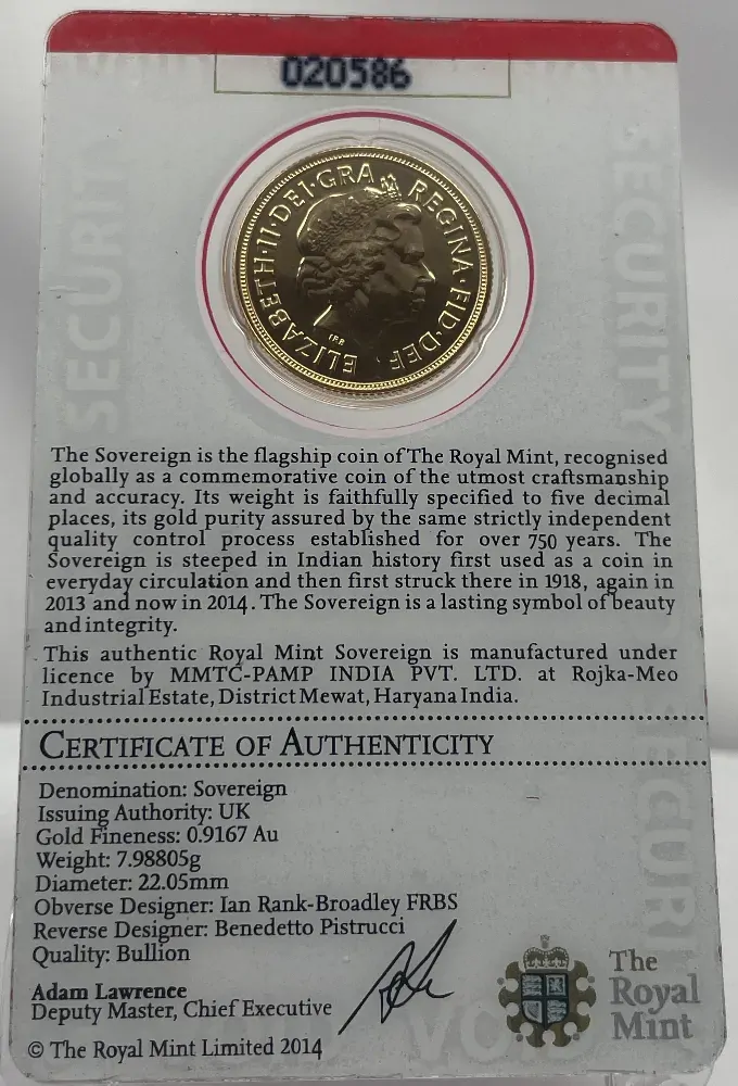 2014-I Gold Sovereign Elizabeth II S# SC7A Uncirculated