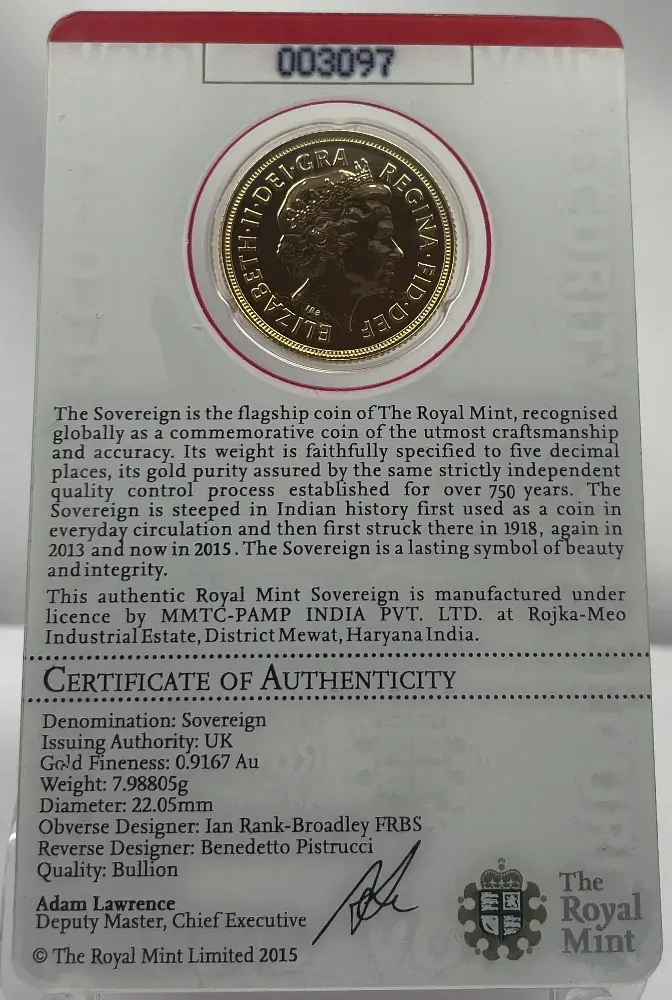 2015-I Gold Sovereign Elizabeth II S# SC7A Uncirculated