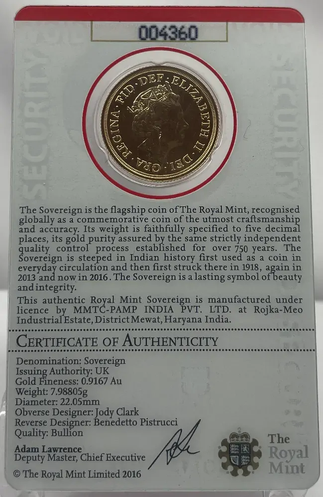 2016-I Gold Sovereign Elizabeth II S# SC7A Uncirculated