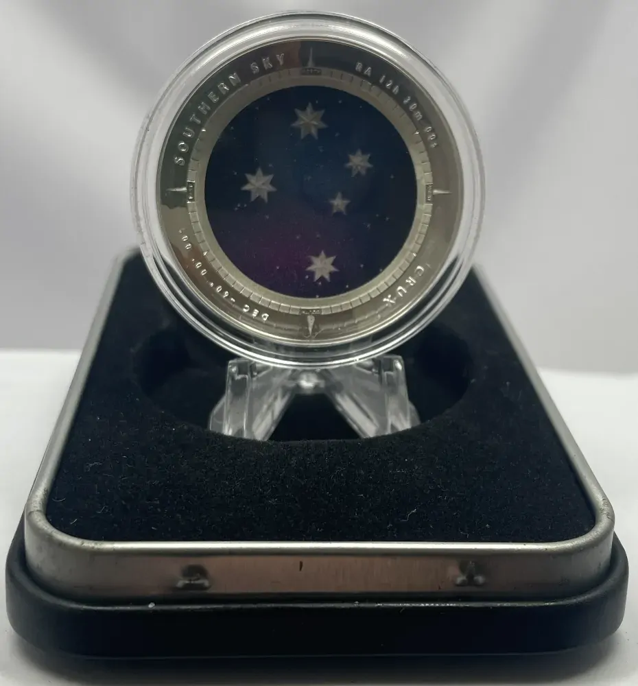 2012 Silver 5 Dollar Colour Domed Proof Coin Southern Sky Crux - Damaged Box