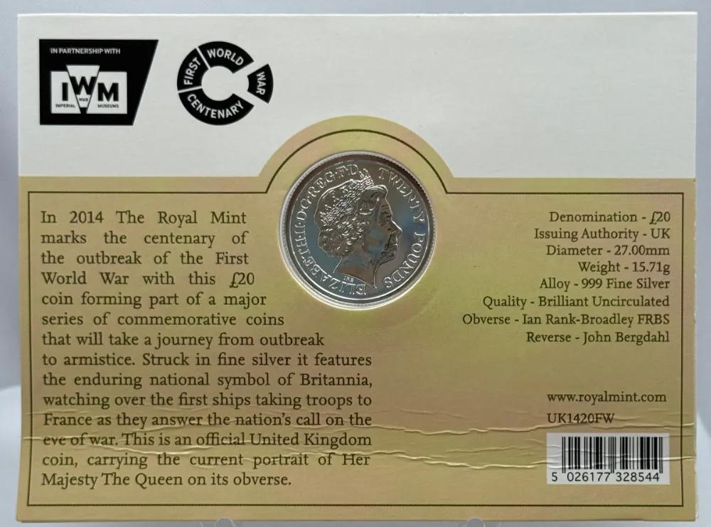 United Kingdom 2014 Silver 20 Pound KM# 1327 Outbreak WWI product image