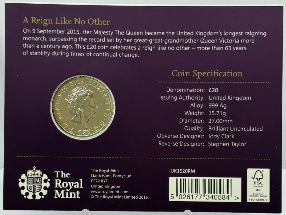 United Kingdom 2015 Silver 20 Pound S# N3 Longest Reigning Monarch product image