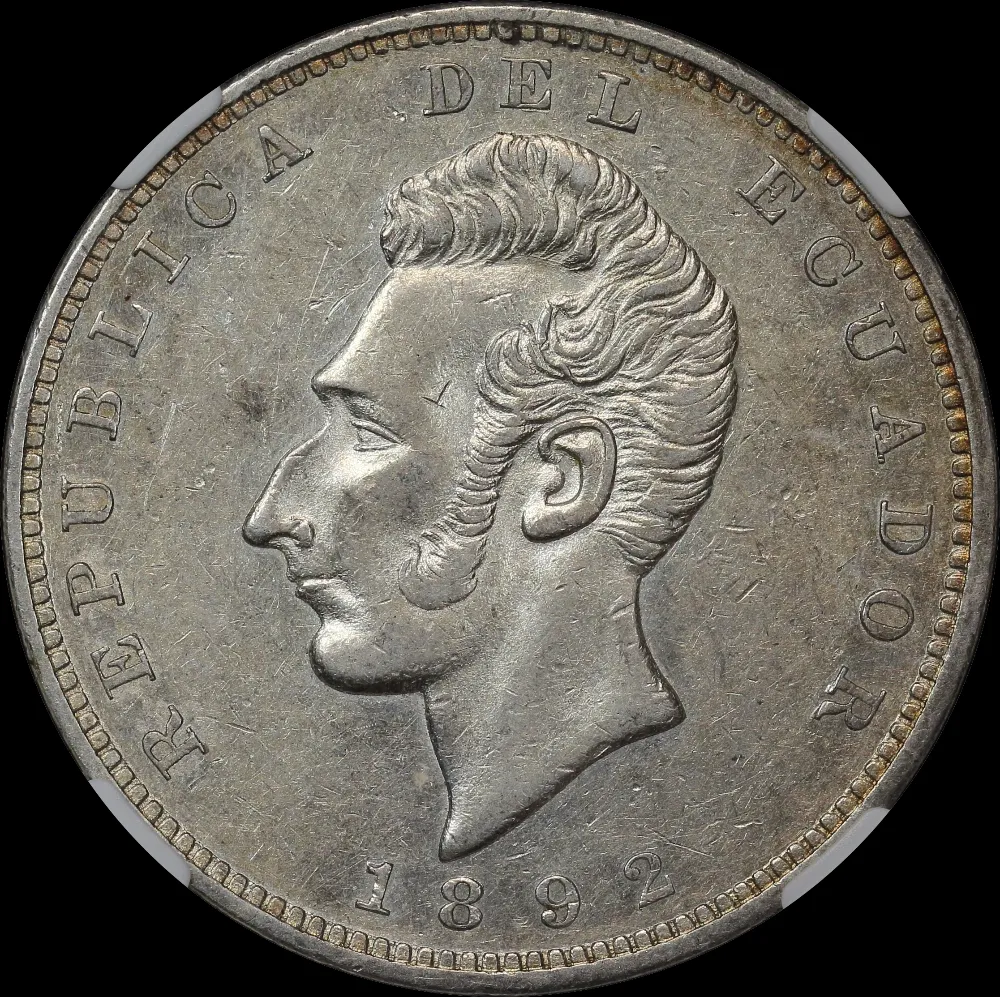 Ecuador 1892-TF Silver Sucre KM# 53.3 NGC AU55