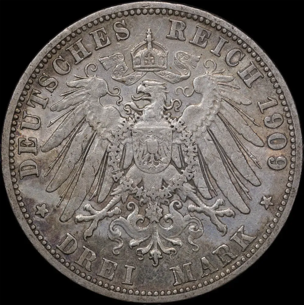 German States (Prussia) 1909-A Silver 3 Mark KM#527 good EF product image