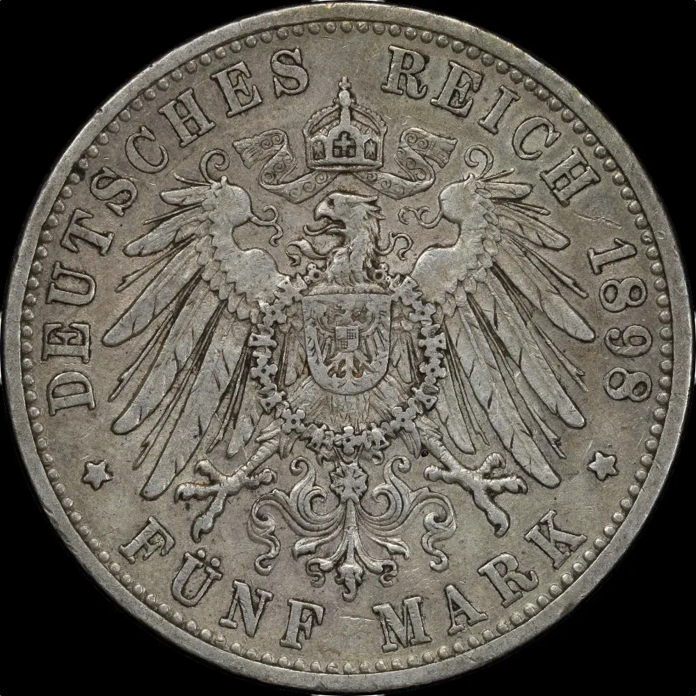 German States (Baden) 1898 Silver 5 Marks KM#268 Extremely Fine