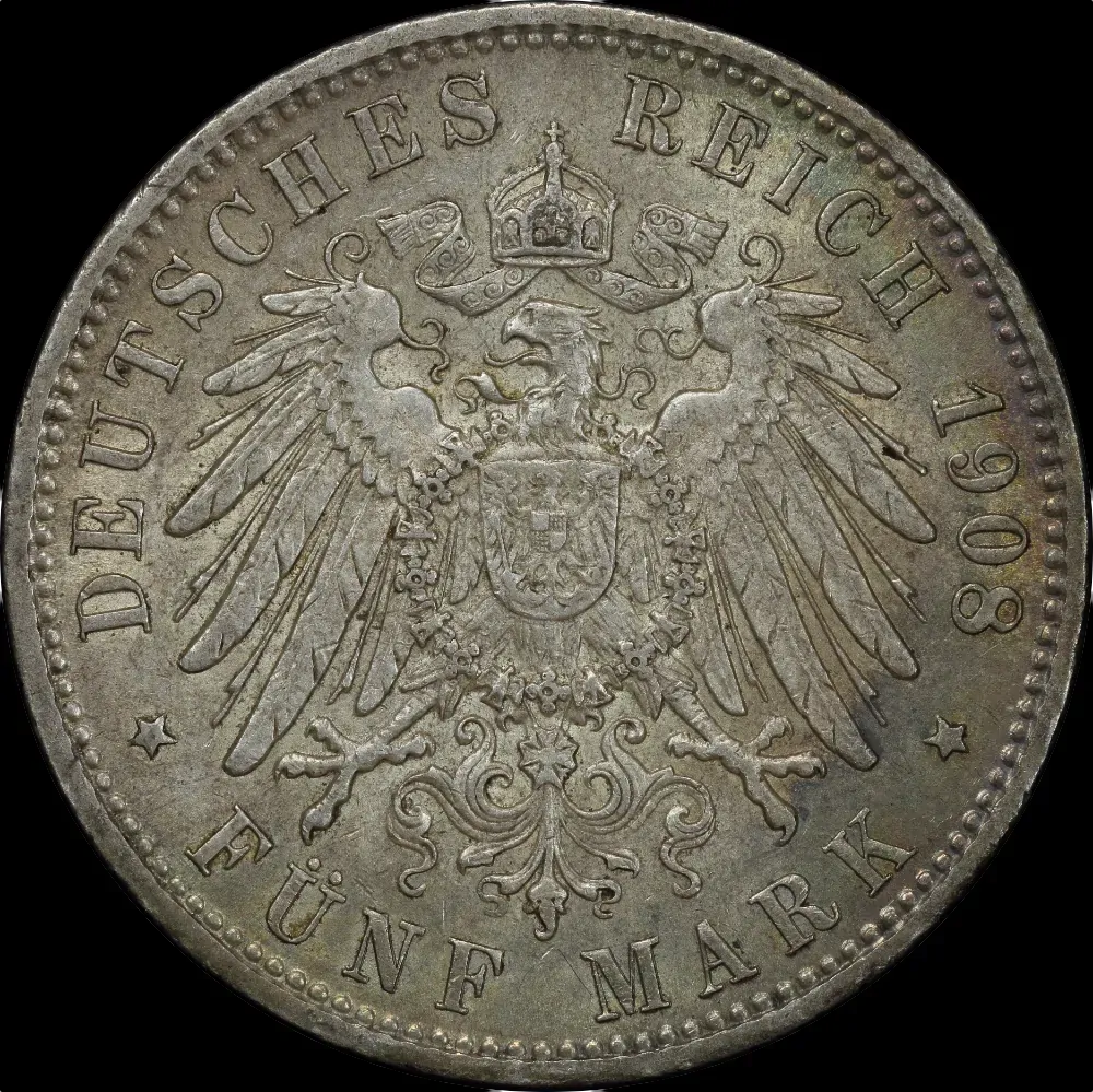 German States (Hamburg) 1908-J Silver 5 Marks KM#610 Extremely Fine product image