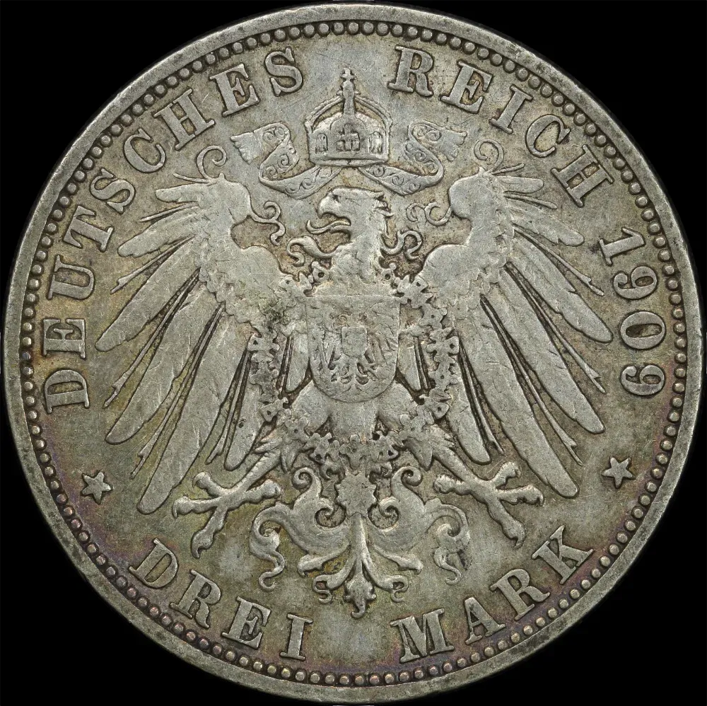 German States (Lubeck) 1909-A Silver 3 Mark KM#215 good EF product image