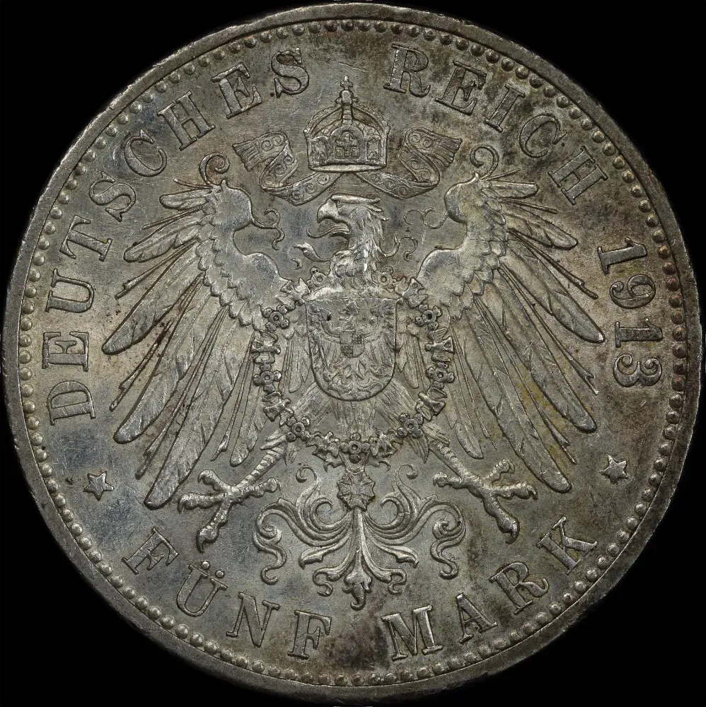 German States (Baden) 1913 Silver 5 Marks KM#281 about Unc