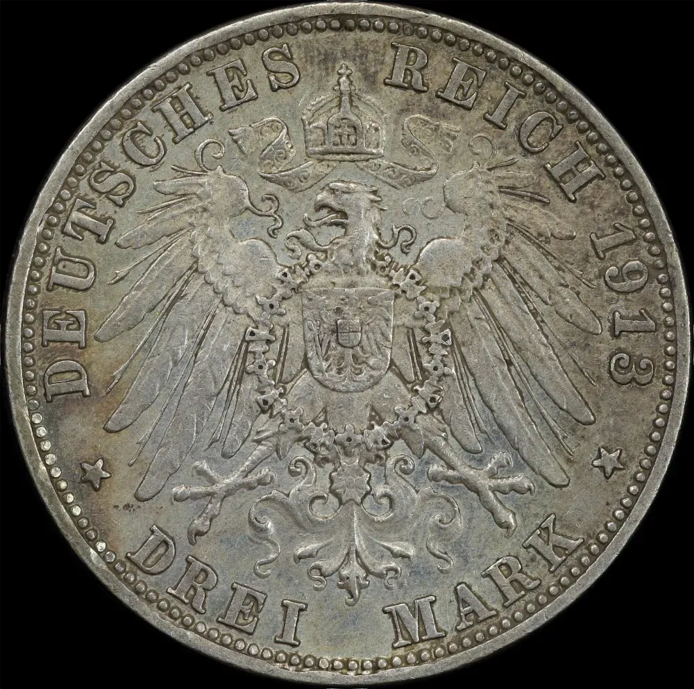 German States (Bavaria) 1913 Silver 3 Mark Otto KM#996 good EF