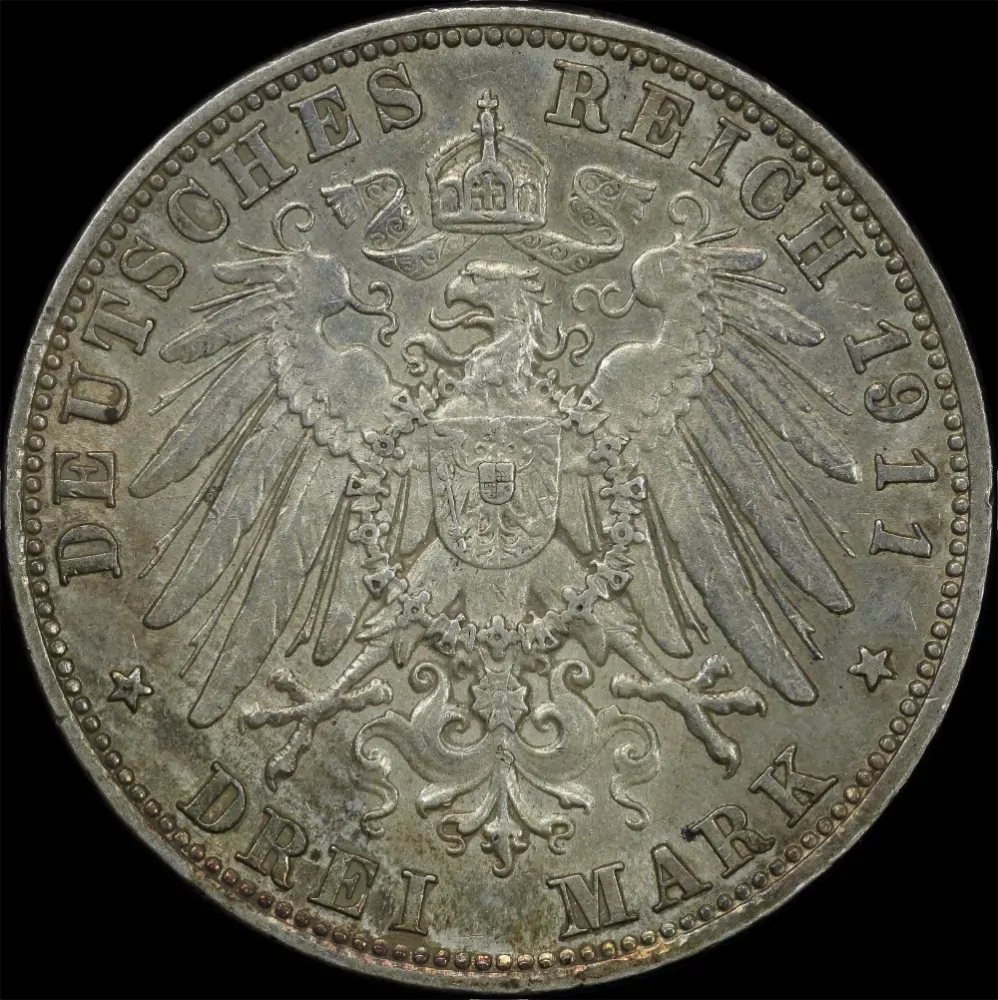 German States (Bavaria) 1911 Silver 3 Mark Otto KM#996 good EF