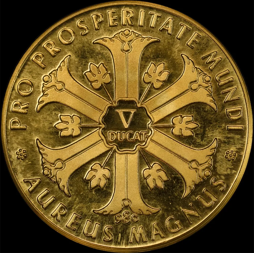 1968 Gold Fantasy 5 Ducat Aureus Magnus Mexico Olympics