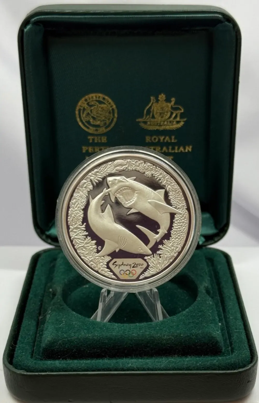 2000 Silver Olympic Proof Coin Great White Shark and Coral product image