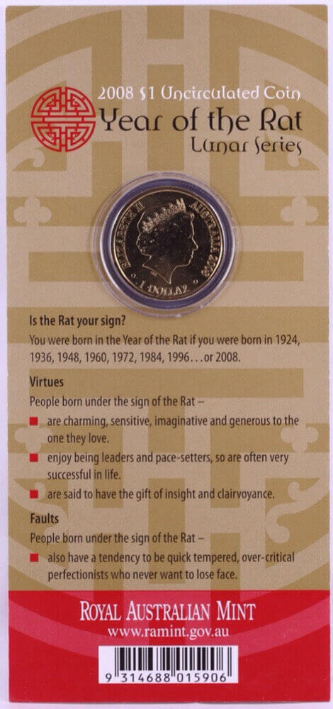 2008 1 Dollar Uncirculated Coin Lunar Year of the Rat