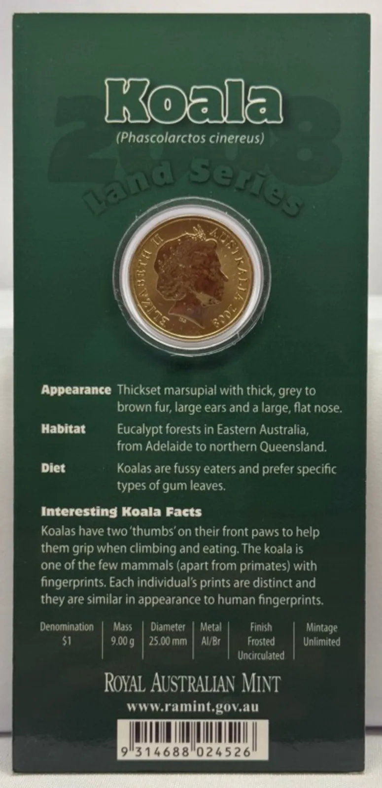 2008 1 Dollar Uncirculated Coin Land Series Koala