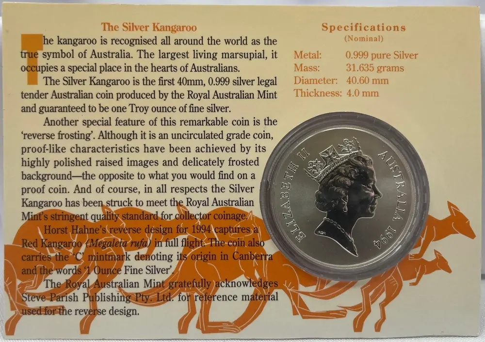 1994 Silver 1 Dollar Uncirculated Coin Flying Joey