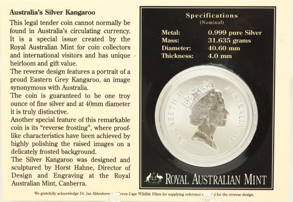 1995 One Dollar Silver Kangaroo Unc Coin Facing Kangaroo