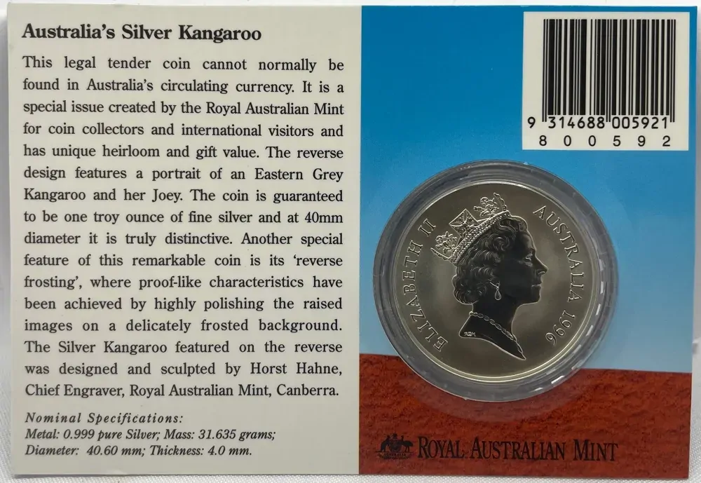 1996 Silver 1 Dollar Uncirculated Coin Kangaroo & Joey