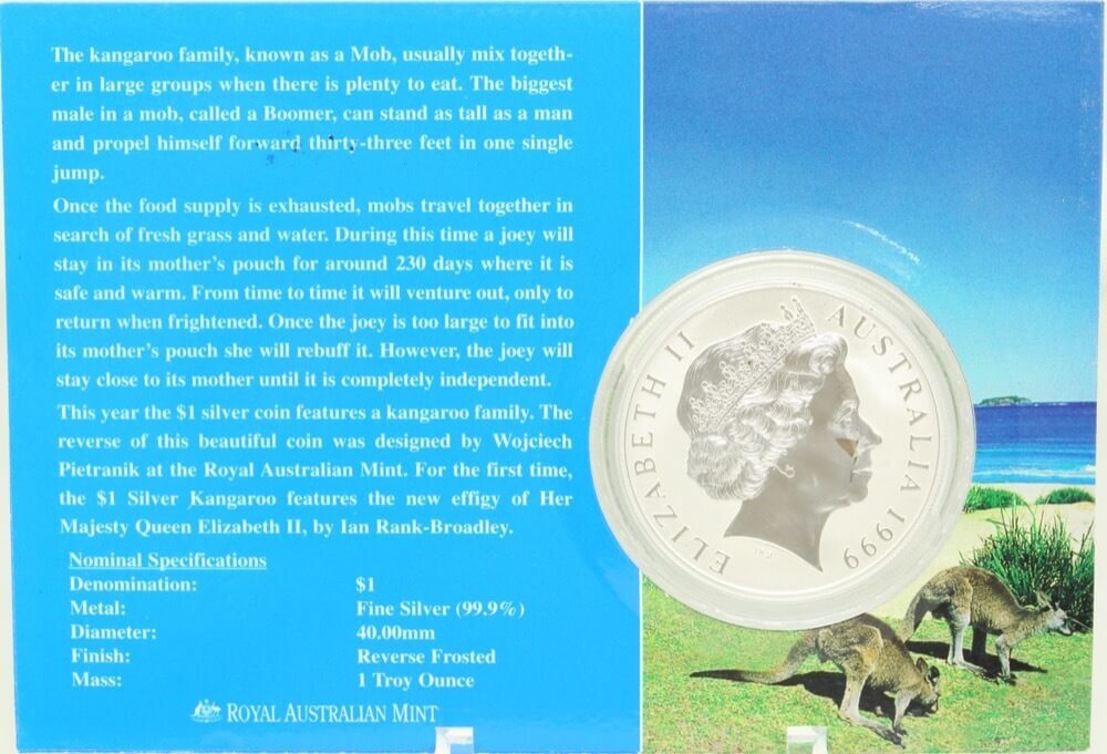1999 One Dollar Silver Kangaroo Unc Coin Two Kangaroos product image