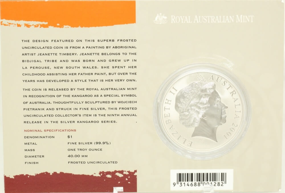 2001 One Dollar Silver Kangaroo Unc Coin Aboriginal Dreaming product image