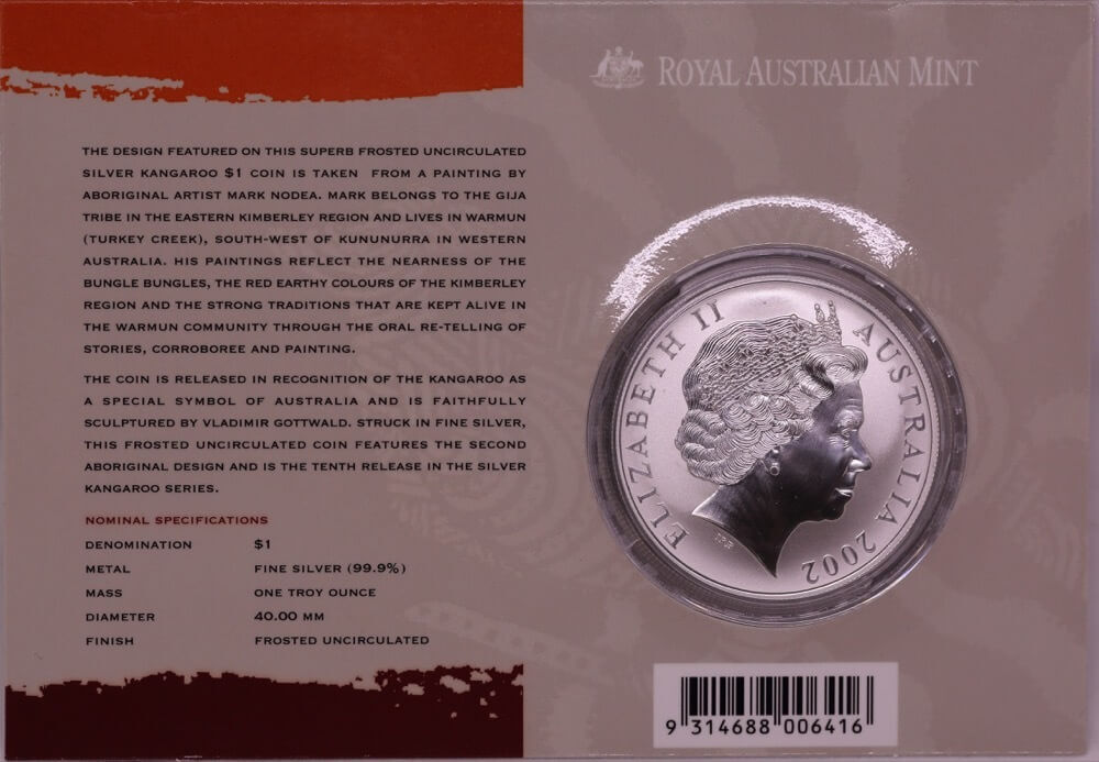 2002 One Dollar Silver Kangaroo Unc Coin Aboriginal Design product image
