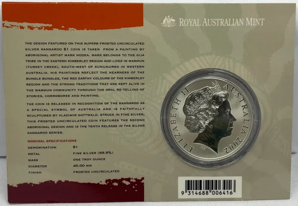 2002 1 Dollar Silver Kangaroo Unc Coin Aboriginal Design