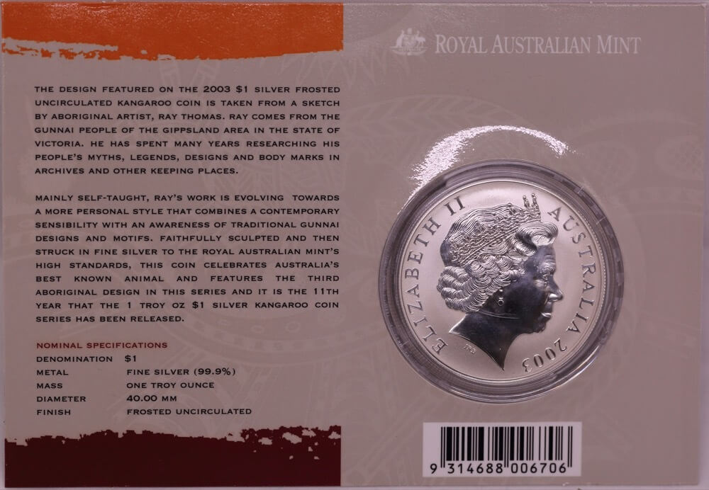 2003 One Dollar Silver Kangaroo Unc Coin Jirrah-Watty