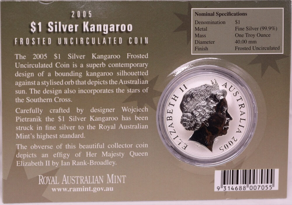 2005 One Dollar Silver Kangaroo Unc Coin Spirit of Australia