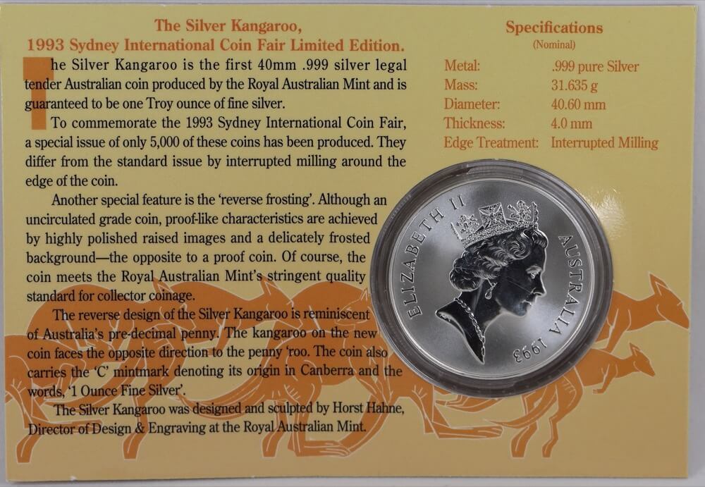 1993 One Dollar Silver Kangaroo Unc Coin Sydney Coin Fair