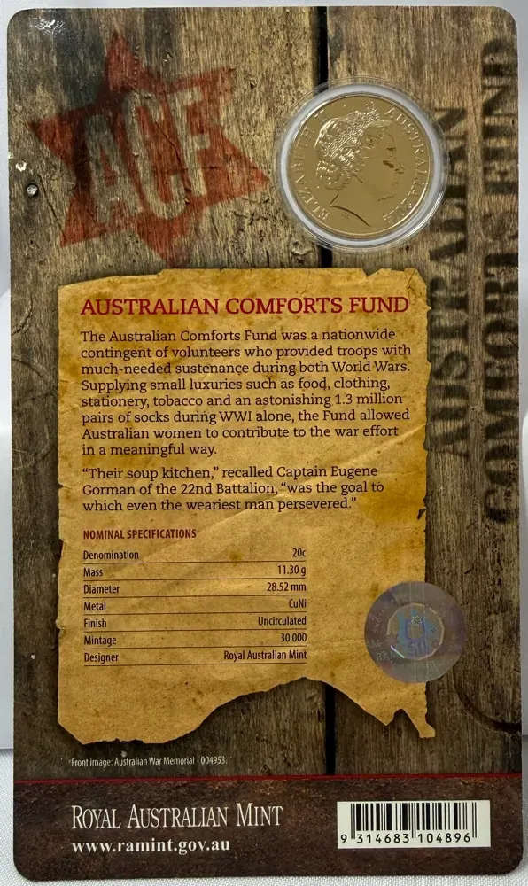 2014 20 Cent Uncirculated Coin Australia Remembers Australian Comfort Funds