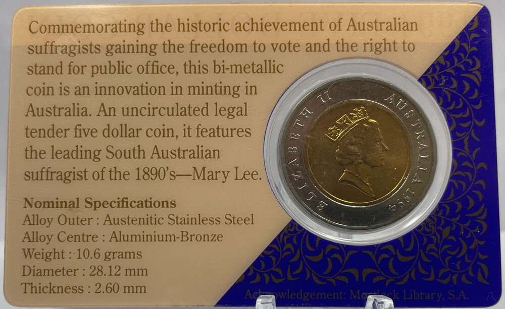 1994 Five Dollar Uncirculated Bi-Metallic Coin Enfranchisement of Women