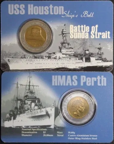 2002 5 Dollar Unc Coin Pair - Battle of Sunda Strait USS Houston and HMAS Perth product image