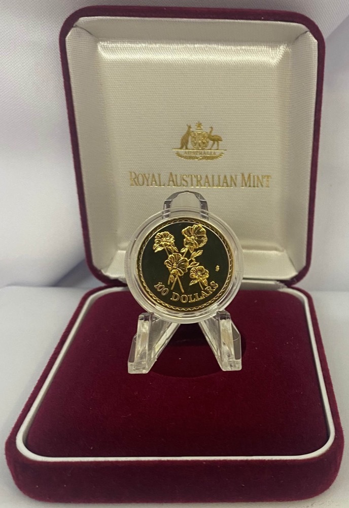 2002 Gold 100 Dollar Gold Unc Coin Floral Emblems Sturt Desert Rose