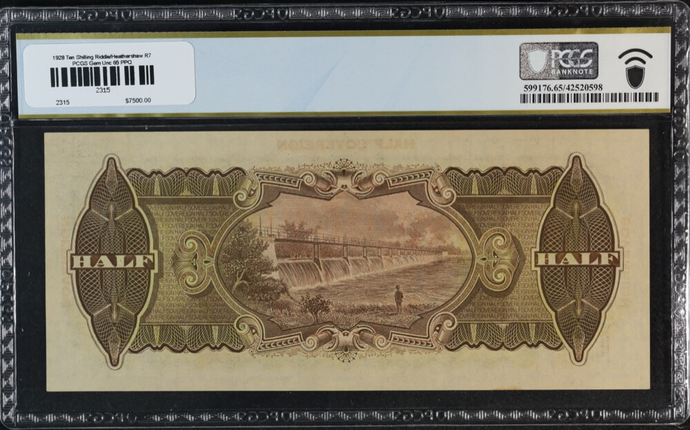1928 Ten Shilling Riddle/Heathershaw R7 PCGS Gem Unc 65 PPQ