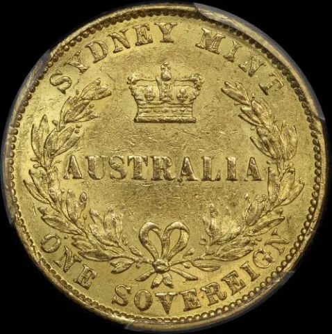 1859 Sydney Mint Type II Sovereign about Unc (PCGS AU58)