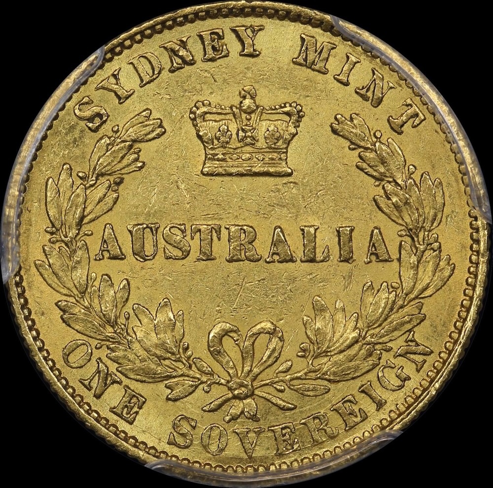 1863 Sydney Mint Type II Sovereign PCGS AU55