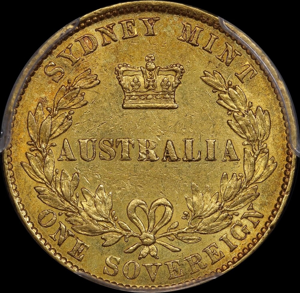 1865 Sydney Mint Type II Sovereign PCGS AU55
