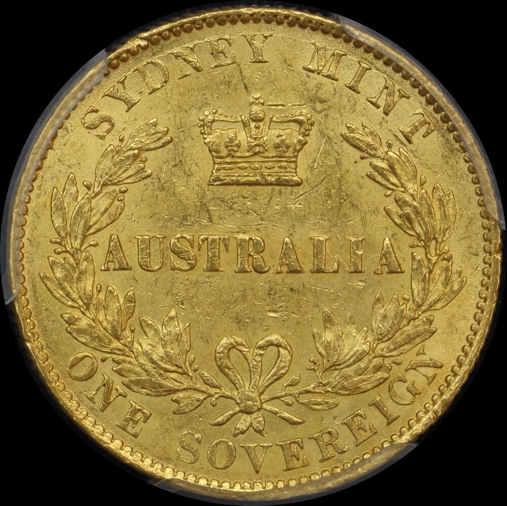 1865 Sydney Mint Type II Sovereign Unc (PCGS MS62)