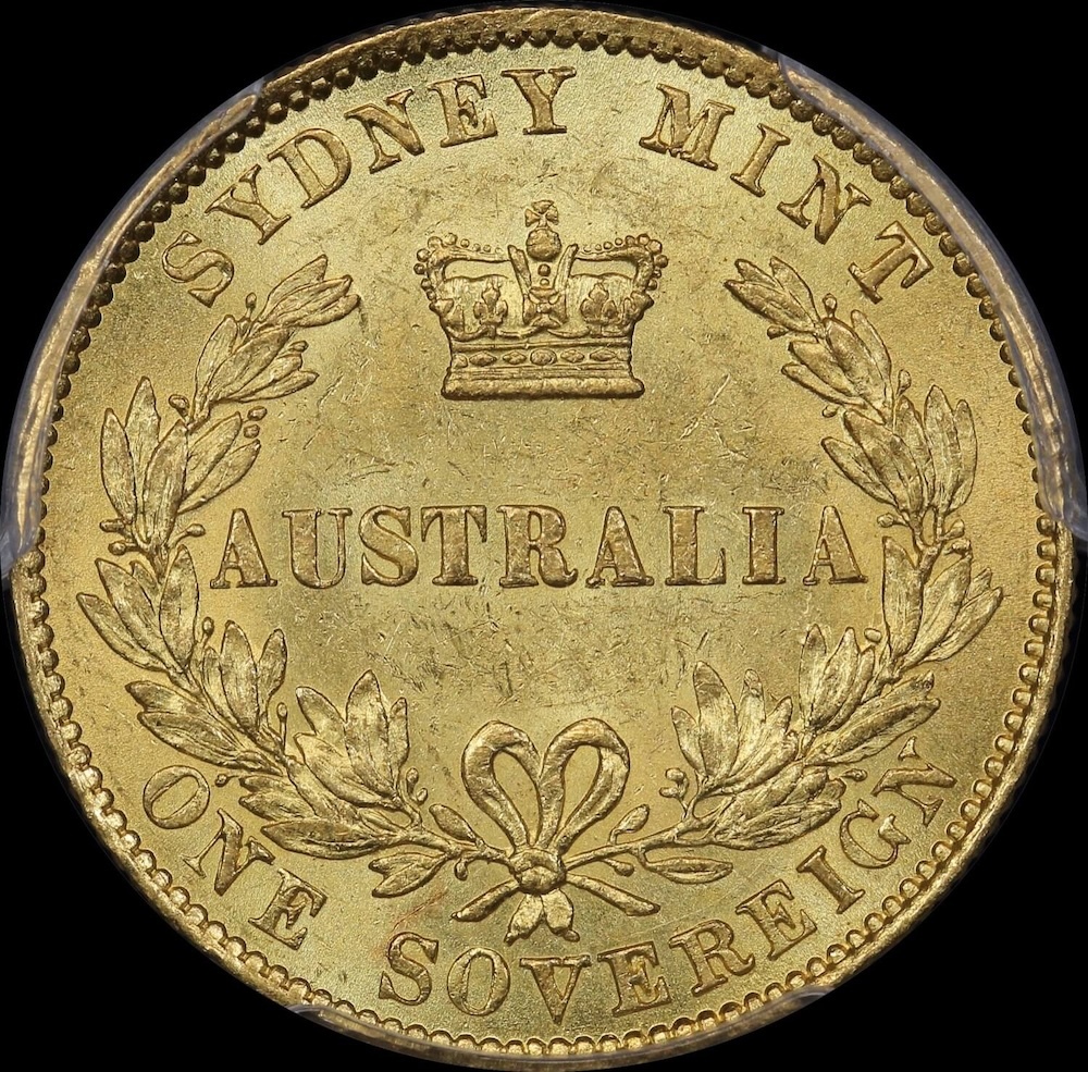 1866 Sydney Mint Type II Sovereign PCGS AU58